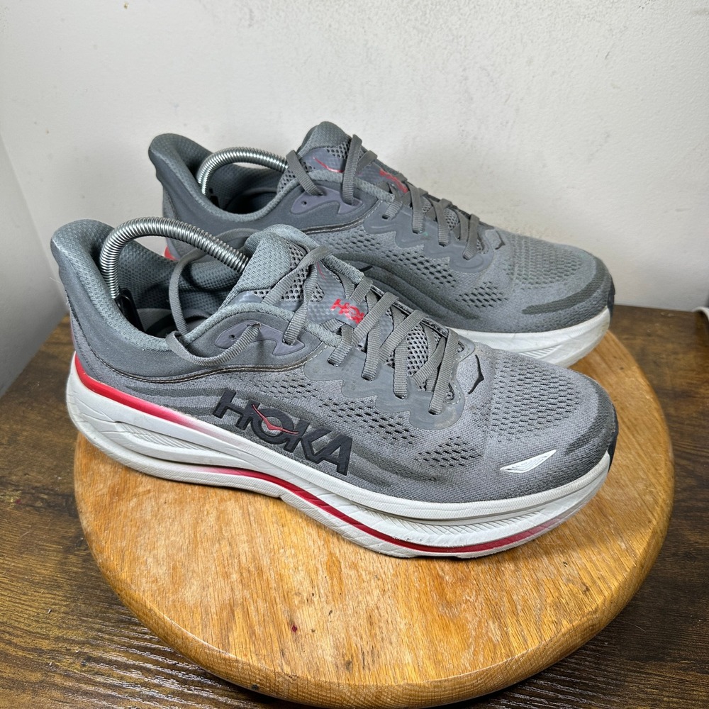 Hoka One One Bondi 9 Mens Running Shoes Sharkskin Grey Red 1162011 SRYT Size 11D
